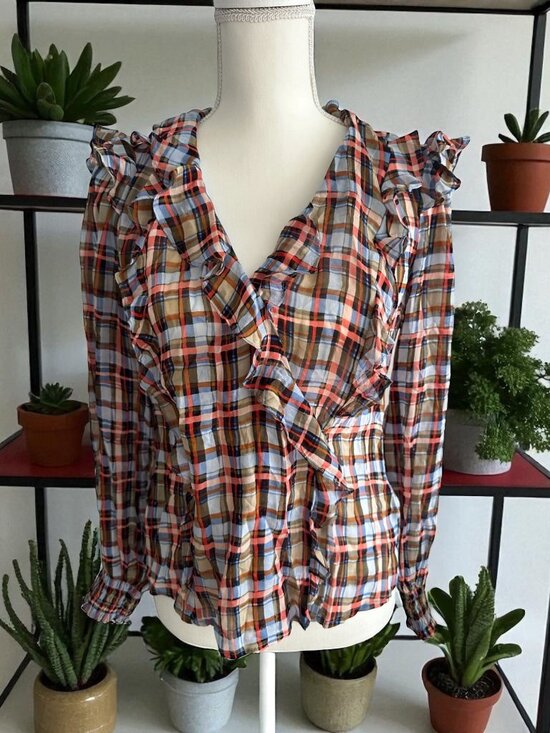 MAEVE Plaid Ruffle Anthropologie Blouse Top Size 4 - Picture 1 of 6